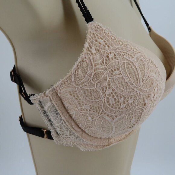 Victorias Secret 32D Very Sexy Push Up Bra Cream Lace Black Padded Underwire - Picture 2 of 16